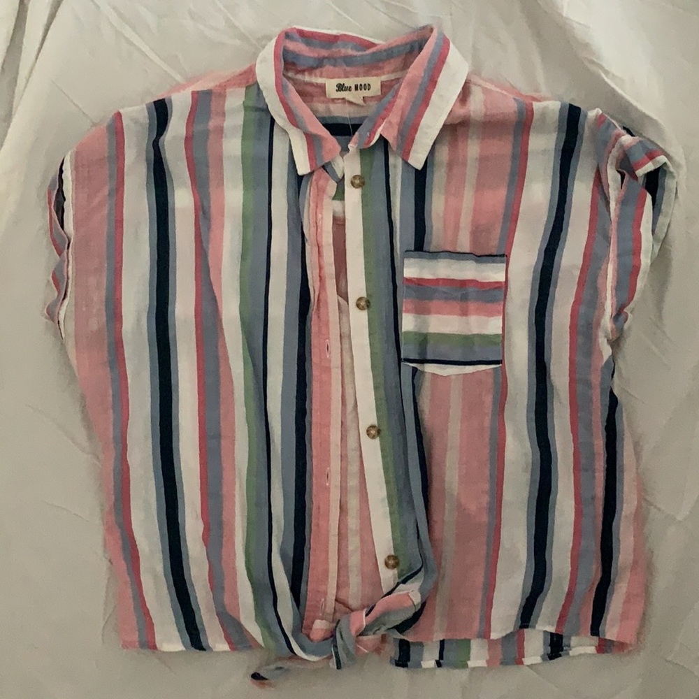 Blue Mood multi colored striped button-up blouse. Girl’s Large/Women’s Small - Picture 3 of 4